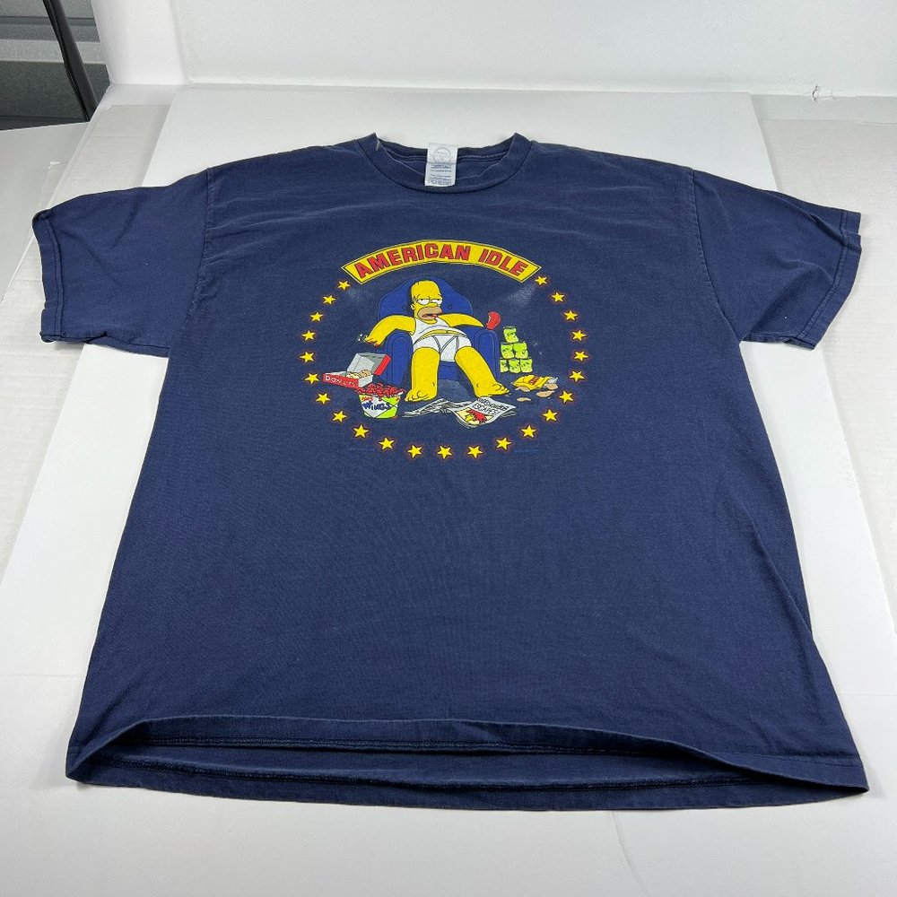 Y2K The Simpsons Homer American Idle Shirt Fits Large Blue Short Sleeve Tag XL